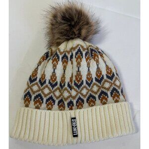 LUK-EES by Muk Luks Ladies Wool Blend Winter Hat Cream/Brown Fuzzy Ball OSFM